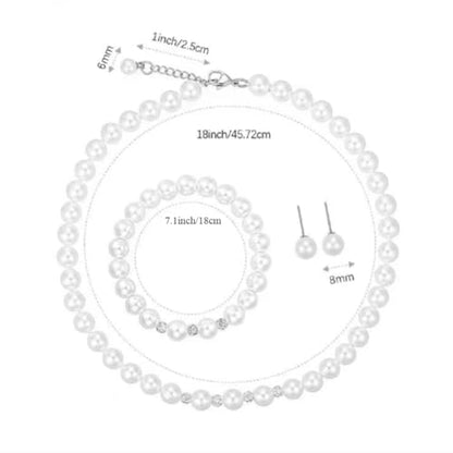 White 8mm Glass Pearls Necklace Bracelet Earring Jewelry 3 Set Wholesale for Women Little Girls - style: 18inch
