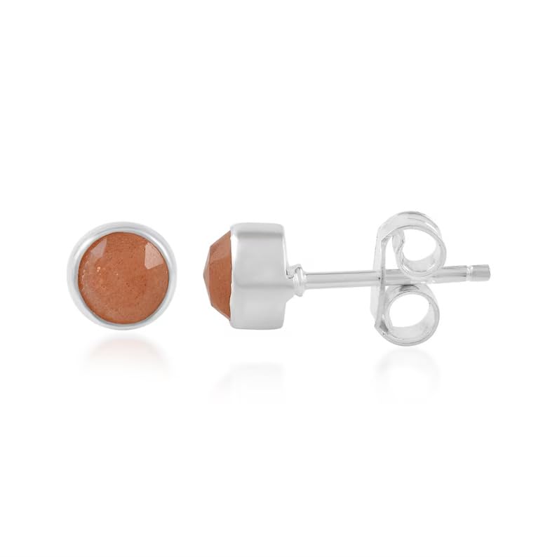 5 MM Natural Gemstone 925 Sterling Silver Hypoallergenic Studs Earrings Jewelry for Women Dainty Trendy Antiqued Silver Birthstone Earrings Jewelry Gifts for Women and Her - color: Peach Moonstone