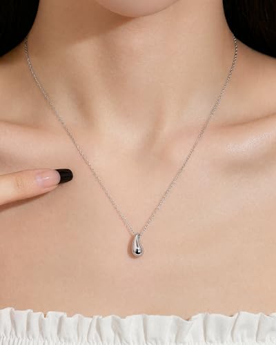Silver Teardrop Pendant Simple Minimalist Necklace Stainless Steel Thin Adjustable Dainty Necklace Chain for Women