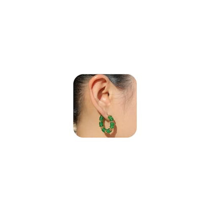 Wellike Beaded Hoop Earrings for Women Natural Stone Pink Gold Huggie Earrings Hypoallergenic Dainty Waterproof Trendy Jewelry - color: green, size: 30mm
