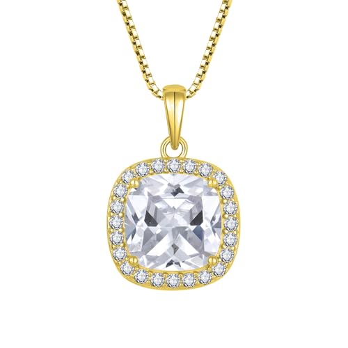 Birthstone Necklace for Women 925 Sterling Silver Princess Cut Halo Necklace Pendant Jewelry for Mom Wife - color: Gold