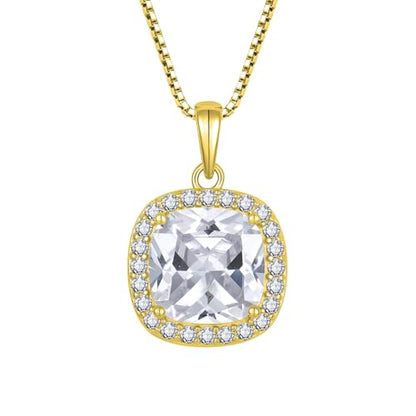 Birthstone Necklace for Women 925 Sterling Silver Princess Cut Halo Necklace Pendant Jewelry for Mom Wife - color: Gold