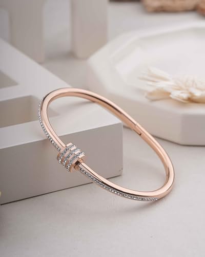 Rose Gold Pave Crystal Bangle Bracelet for Women – Stainless Steel Hinged Cuff with Wrapped Center – Hypoallergenic Waterproof – Sparkling Statement Jewelry – Gift for Her Backend: pave crystal bangle rose gold hinged cuff statement bangle sparkle wrapped