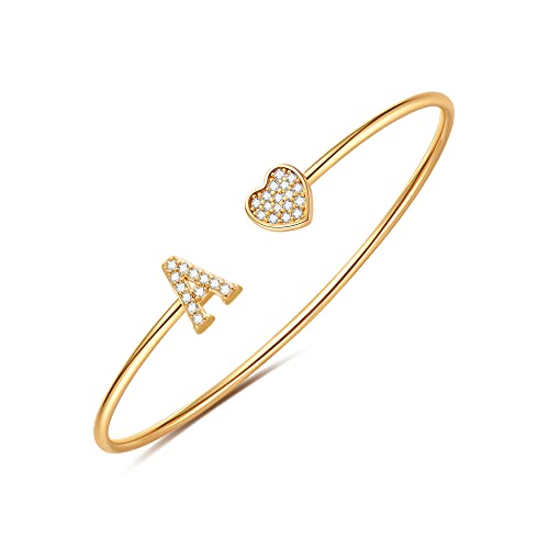 Gold Bracelets for Women Teen Girls, 14K Gold Plated Initial Heart Bangle | Adjustable Open Cuff Bracelet, Dainty Letter Jewelry, Daughter Sister Bridesmaid Friend, Birthday Christmas Graduation Gift - color: A.