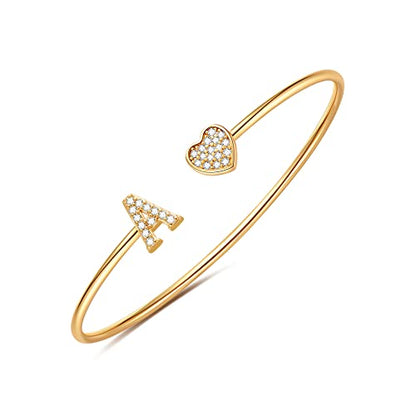 Gold Bracelets for Women Teen Girls, 14K Gold Plated Initial Heart Bangle | Adjustable Open Cuff Bracelet, Dainty Letter Jewelry, Daughter Sister Bridesmaid Friend, Birthday Christmas Graduation Gift - color: A.