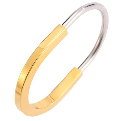 Two Tone Gold Bracelet for Women Lock Inspired Design, Stainless Steel Open Cuff Bangle, Minimalist Gift Jewelry