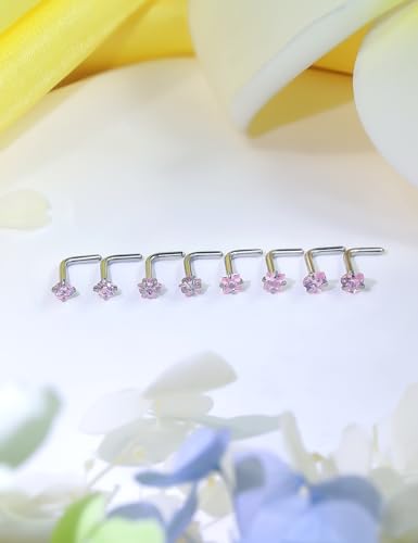 Hypoallergenic Nose Rings Studs 18G & 20G Surgical Steel Nose Studs L Shaped Nostril Piercing Jewelry with Pink Cubic Zirconia for Women & Men - color: 18g,L-shape,pink crystal