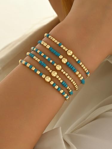 LOTSOF Bohemia Multilayer Beaded Bracelet Set, Turquoise Resin Colorful Surfer Heishi Style Elastic Spring Clasp Friendship Elastic Wristbands Summer Beach Boho Vacation Jewelry - color: Dark Blue
