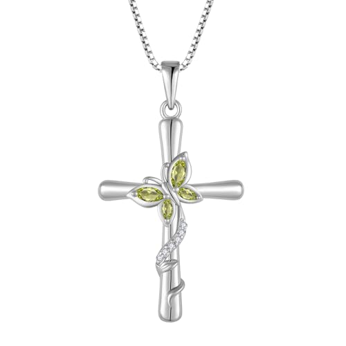 Cross Necklace for Women 925 Sterling Silver Butterfly Necklace Birthstone Pendant Created Gemstone Jewelry Gifts for Women - color: 08 August - Peridot