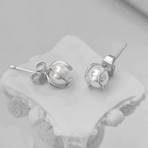 Pearl Earrings for Women 14k Gold/Silver Pearl Drop Earrings Long White Pearl Tassel Dangle Statement Earrings Bridal Wedding Dainty Prom Earrings Birthday Gifts Jewelry - color: Silver Caged Pearl+Ball Stud Earrings
