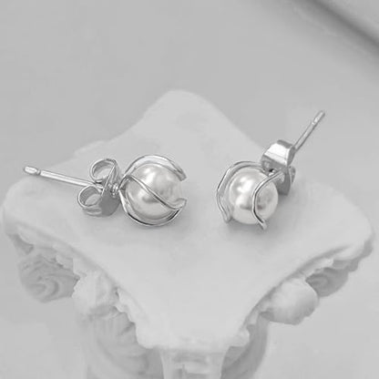 Pearl Earrings for Women 14k Gold/Silver Pearl Drop Earrings Long White Pearl Tassel Dangle Statement Earrings Bridal Wedding Dainty Prom Earrings Birthday Gifts Jewelry - color: Silver Caged Pearl+Ball Stud Earrings