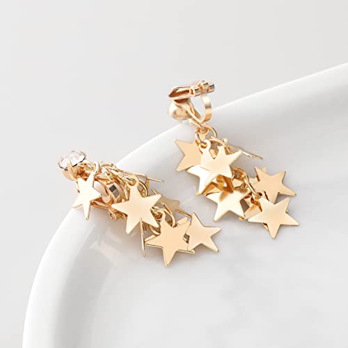 Gold Metal Clip On Earrings for Women Non Pierced Dangle Drop Earrings Multiple Styles - color: gold cute star