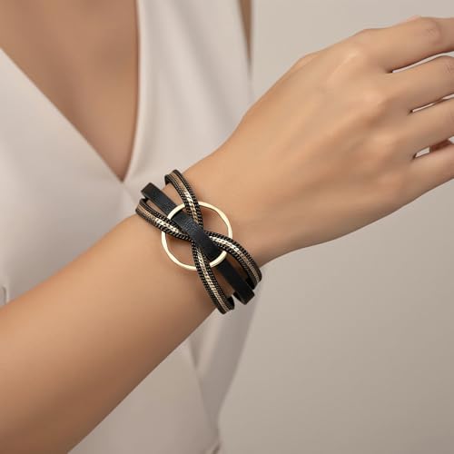 Edoneery Leather Wrap Bracelets for Women, Boho Layered Cuff Bangle | Multi-layer Leather Cuff, Daily wear, Stackable Bangle, Easy on-off, Western Jewelry Gifts for Women - color: Black-6