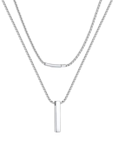 PROSTEEL Bar Pendant Necklace for Men with Box Chain, Minimalist Jewelry | 316L Stainless Steel, 3 Bar Pendant Sizes (30/40/50mm), 5 Chain Lengths (16"–24"), Silver/Black/18K Gold Plated, Gift Box - color: Silver, size: 22", style: Rectangle-Small