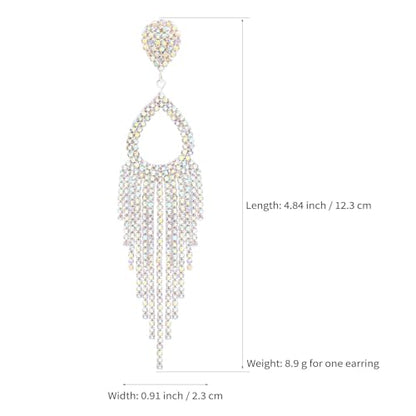BaubleStar Rhinestone Teardrop with Long Tassel Earrings Sparkly Dangle Earrings for Women - color: Silver