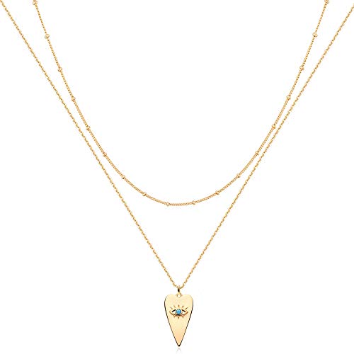 MEVECCO Dainty Pendant Layered Necklaces for Women | 18K Gold Plated Brass, 2-Piece Set With A Choker-Length Upper Layer, Wear Together Or Separately, Refined Everyday Style - style: Heart evil eye