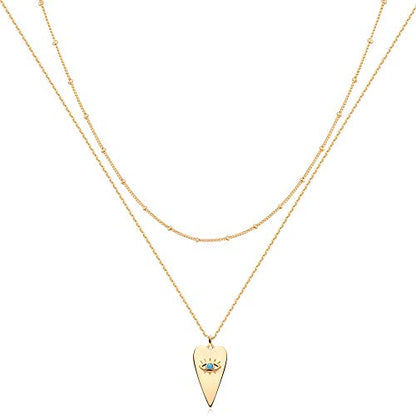 MEVECCO Dainty Pendant Layered Necklaces for Women | 18K Gold Plated Brass, 2-Piece Set With A Choker-Length Upper Layer, Wear Together Or Separately, Refined Everyday Style - style: Heart evil eye