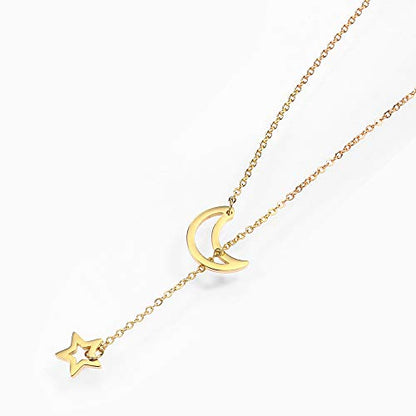 18K Gold Plated Stainless Steel Bee Honeycomb Pendant Necklace, Adjustable Y Lariat Conch/Guitar/Horseshoe Necklace for Women - color: Gold, style: Moon Star