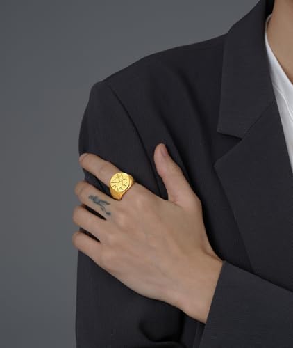 MYNENEY Stainless Steel Round Shape Classical Simple Plain Wedding Engagement Statement Pinky Band Signet Rings for Men Women Size 4-15 - color: Signet Gold