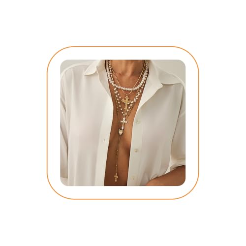 Layered Cross Necklace Set for Women, Layered Choker Necklaces Trendy Jewelry, Colorful Enamel Beaded Y-Shaped Lariat Necklace, Boho Multilayer Cross Necklace for Party and Daily Wear - color: Gold-07
