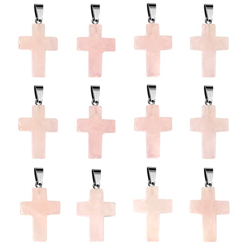 12PCS Natural Stone Cross Pendant Gemstone Charms Bulk for Jewelry Making | Healing Crystal Quartz Chakra Reiki Gemstone Pendants Charms Bulk for Necklace Craft - color: Rose Quartz Cross
