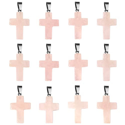 12PCS Natural Stone Cross Pendant Gemstone Charms Bulk for Jewelry Making | Healing Crystal Quartz Chakra Reiki Gemstone Pendants Charms Bulk for Necklace Craft - color: Rose Quartz Cross