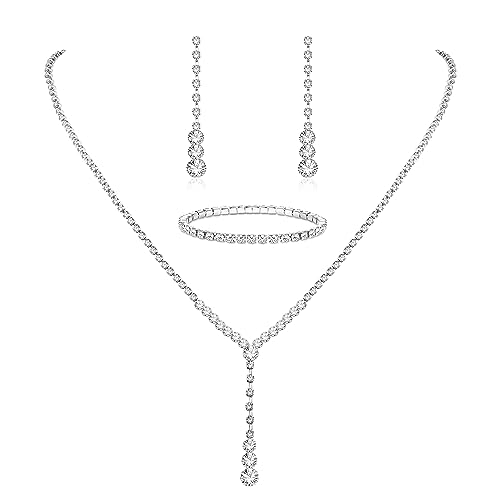 Crystal Silver Necklace and Earrings with Crystal Bracelet for Women | Teardrop Dangle Earrings Rhinestone Necklace Bracelet for Bride Bridesmaid Crystal Bridal Wedding Party Jewelry Sets - style: crystal neckalce+elastic bracelet