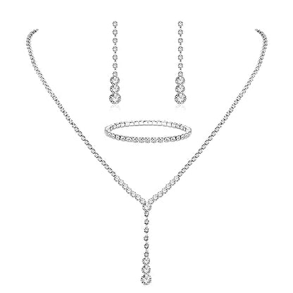 Crystal Silver Necklace and Earrings with Crystal Bracelet for Women | Teardrop Dangle Earrings Rhinestone Necklace Bracelet for Bride Bridesmaid Crystal Bridal Wedding Party Jewelry Sets - style: crystal neckalce+elastic bracelet