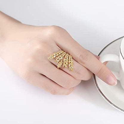 18K Gold Plated Rings for Women and Teen Girls Non Tarnish Cubic Zirconia Fidget Ring Butterfly/Snake/Mesh/Cross/Crown Knuckle Ring Open Adjustable Statement Stacking Chunky Rings - color: Gold Wheat Ears