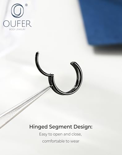 OUFER Nose Rings Hoops, 20G Double Rows Hoop Nose Ring For Women, 316L Surgical Steel Hinged Segment Cartialge Piercing, Inner Diameter 6/7/8MM Cartilage Rook Helix Lobe Tragus Earrings - color: Black