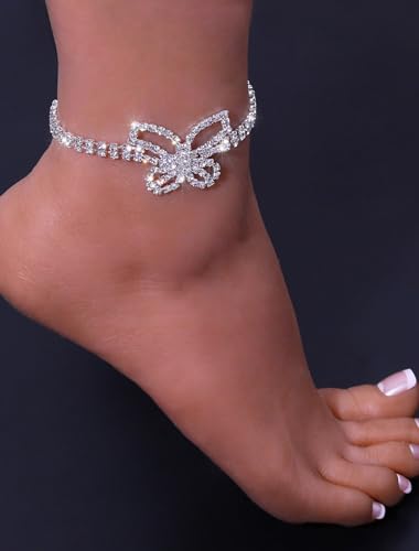 Fesciory Silver Ankle Bracelets for Women, Adjustable Rhinestone Pendant Tennis Anklet, Butterfly Heart Infinite Diamond Summer Beach Foot Chain Jewelry Gifts - style: Butterfly1