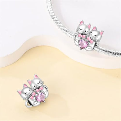 925 Silver Charm for Bracelets Animal Pet Insect Series Women Jewelry Gift - color: Pink Cat