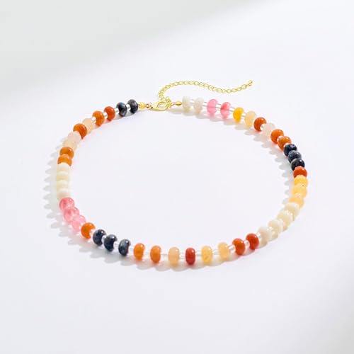 Colorful Beaded Choker Necklaces for Women | Large Natural Stone Bead, Boho Beach Necklace, Trendy Jewelry Gifts, 4 Style, 16+3 in - color: 01-Colorful-Brown