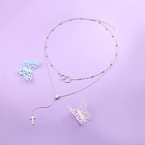 FLYOW Layered Necklace S925 Sterling Silver Y Shaped Jewelry - style: Two Circles Cross Style