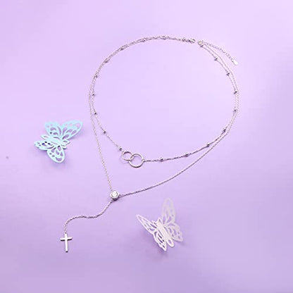 FLYOW Layered Necklace S925 Sterling Silver Y Shaped Jewelry - style: Two Circles Cross Style