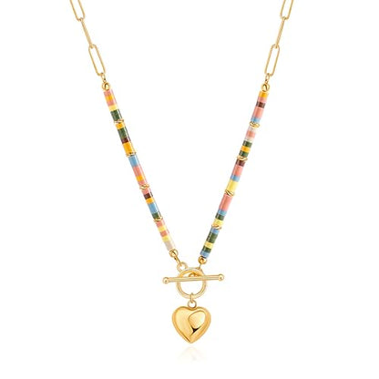 Aobei Pearl 18K Gold Plated Moon Star Lion Evil Eye Love Heart Cross Pendant Necklace Medallion Paperclip Chian Choker Layering Jewery for Women - color: Colorful Beads and 18K Gold Plated Heart