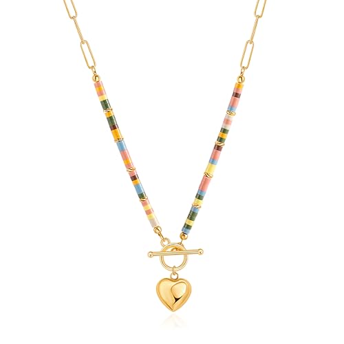Aobei Pearl 18K Gold Plated Moon Star Lion Evil Eye Love Heart Cross Pendant Necklace Medallion Paperclip Chian Choker Layering Jewery for Women - color: Colorful Beads and 18K Gold Plated Heart