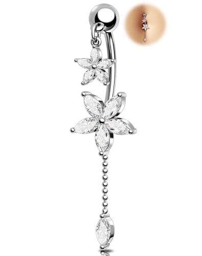 Melighting 14G Lotus Belly Button Ring Dangle Navel Ring Surgical Steel | 316L Reverse Belly Piercing Jewelry AAA Cubic Zircon, 10 mm Silver Gold Double Flower Barbell Bar Body Jewellery for Women - color: Steel Lotus