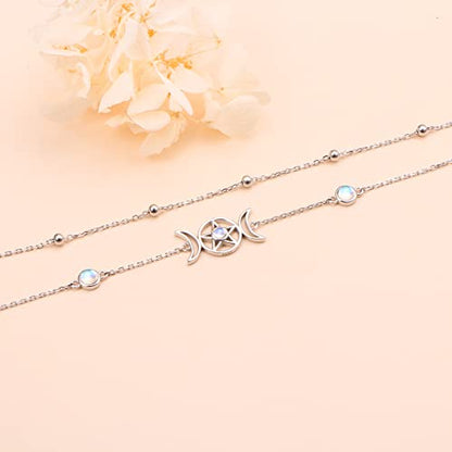 Ladytree S925 Sterling Silver Boho Beach Double Layer Anklets Bracelet for Women Adjustable 9 to 11 inches