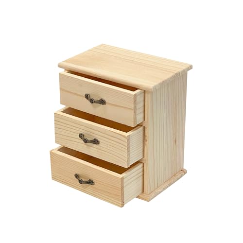 2 Pack Wooden box with 3 Mini Drawers for Jewellery,Unfinished Wood Surface Box, Small Wooden Organizer Storage Box for Arts Crafts DIY Project