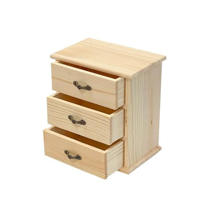2 Pack Wooden box with 3 Mini Drawers for Jewellery,Unfinished Wood Surface Box, Small Wooden Organizer Storage Box for Arts Crafts DIY Project