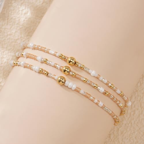 Colorful Gold Beaded Bracelets for Women Boho Tiny Gold Plated Ball Stretch Stackable Small Seed Beads Bracelet Stack Trendy Jewelry Set Dainty Vacation Friendship Christmas Gifts for Women - color: White