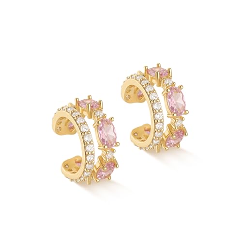 MYEARS Women Ear Cuff Earrings Gold Non Pierced Cartilage Clip on Open Wrap Split Double Hoop 14K Small Simple Hypoallergenic Everyday Jewelry - style: Pink / Pair