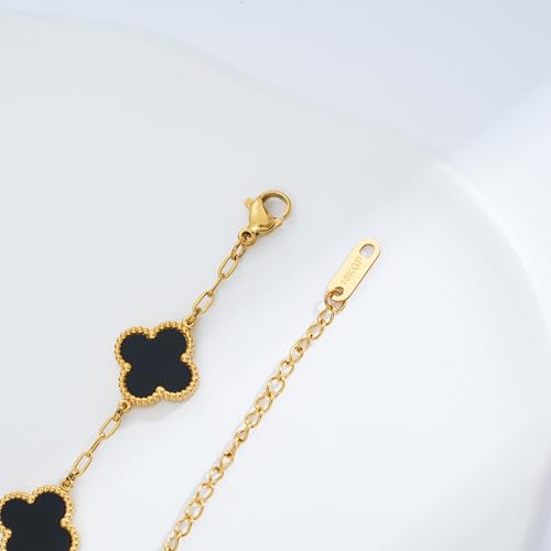 Waterproof Four-Leaf Clover Bracelet,Adjustable Link Double Sided Jewelry, Lovely Fashion Jewelry Gift for Women - color: Gold Bracelet +Black Bracelet