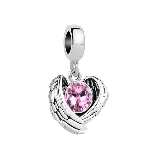 KunBead Guardian Angel Heart Wings Birthstone Dangle Birthday Charms Compatible with Pandora Charm Bracelet for Women - color: Pink