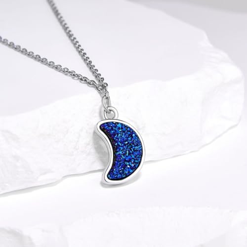 Adabele Natural Druzy Necklace Small Tiny Moon Gemstone Pendant 18 inch Sparkly Agate Stone Crystal Women Jewelry Tarnish Resistant Stainless Steel/Gold Plated Chain - color: Purple blue druzy - stainless steel