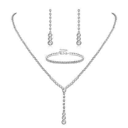 Crystal Silver Necklace and Earrings with Crystal Bracelet for Women | Teardrop Dangle Earrings Rhinestone Necklace Bracelet for Bride Bridesmaid Crystal Bridal Wedding Party Jewelry Sets - style: crystal neckalce+adjustable bracelet