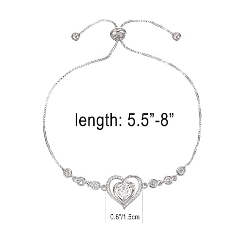 14K White Gold Plated Heart Bracelet for Women, Zircon Inlay Love Heart Charm Chain Bracelet Bangle with Adjustable Length - color: silver-white