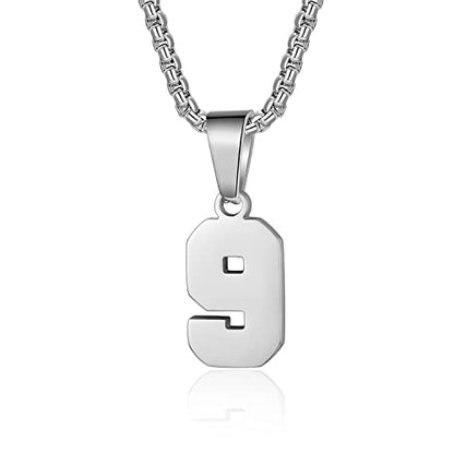 Susook Number Necklace for Boy Black Athletes Number Stainless Steel Chain 00-99 Number Charm Pendant Personalized Sports Jewelry for Men Basketball Baseball Football - color: Silver, style: 9