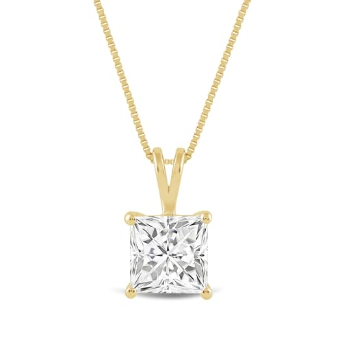 Everyday Elegance Solid 14K Gold Cubic Zirconia Solitaire Pendant Necklace for Women Heart, Princess, Round, Oval, Emerald, Pear & Cushion Cut 1 or 2 CTW | .60mm Thick 16" 18" Length Box Link Chain - color: 14K Yellow Gold, size: 18 " Chain (0.60 mm Thick